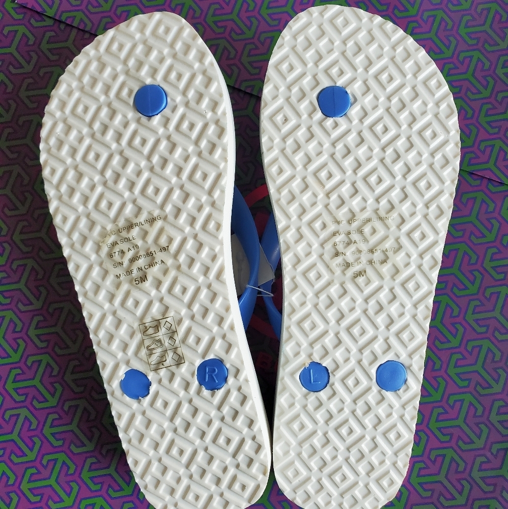 💕 NWT Tory Burch Iris blue painted floral turquoise flip flops logo gold - Picture 5 of 5
